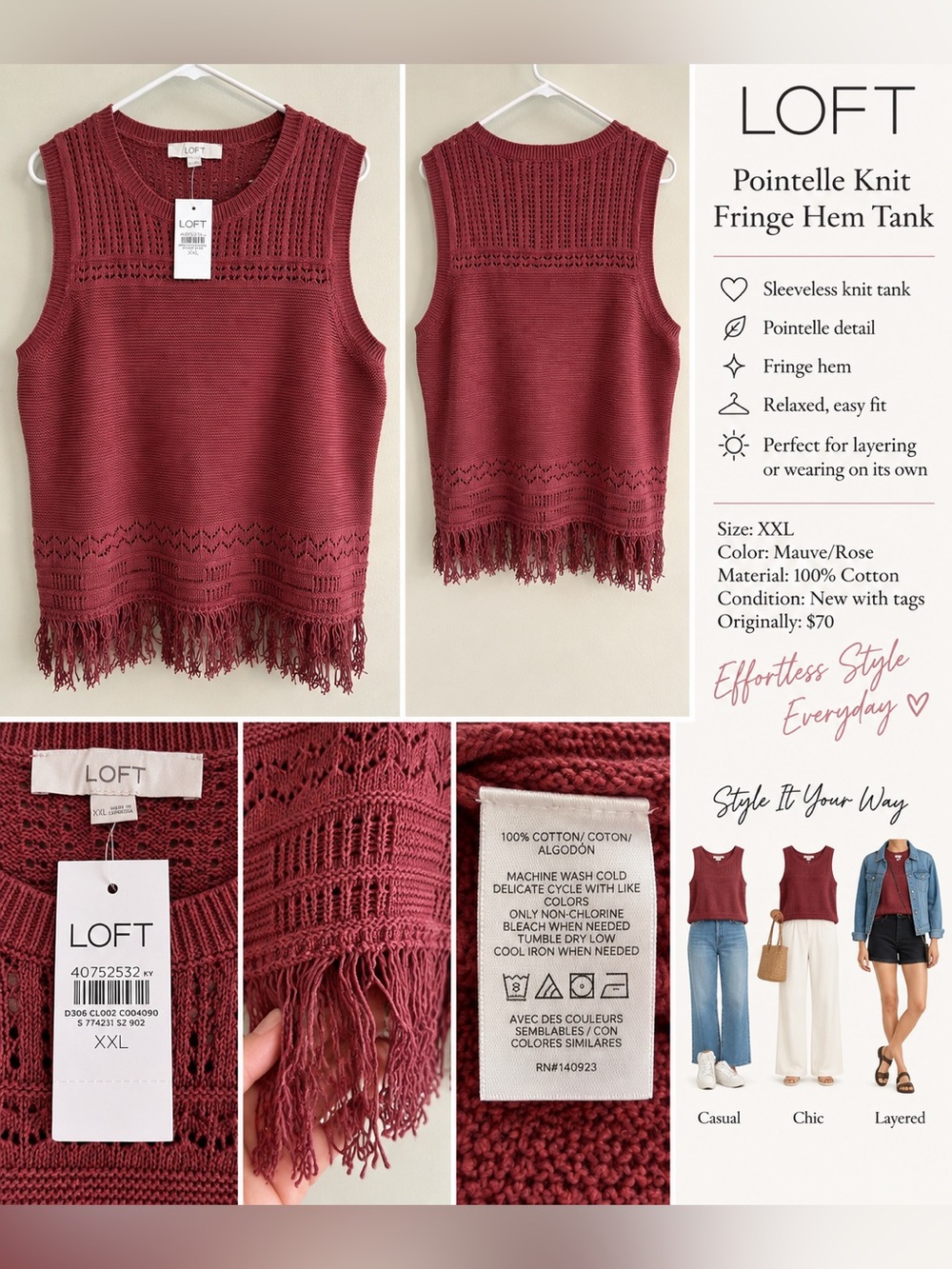 LOFT Apple Butter Pointelle Knit Tank with Fringe Hem